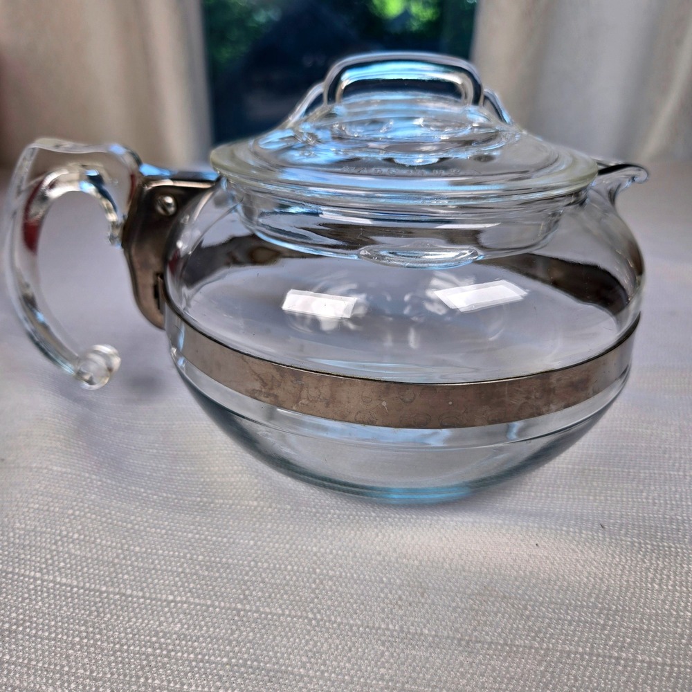 Vintage Pyrex 8126-B Clear Glass Teapot  Server Stainless Band USA MCM